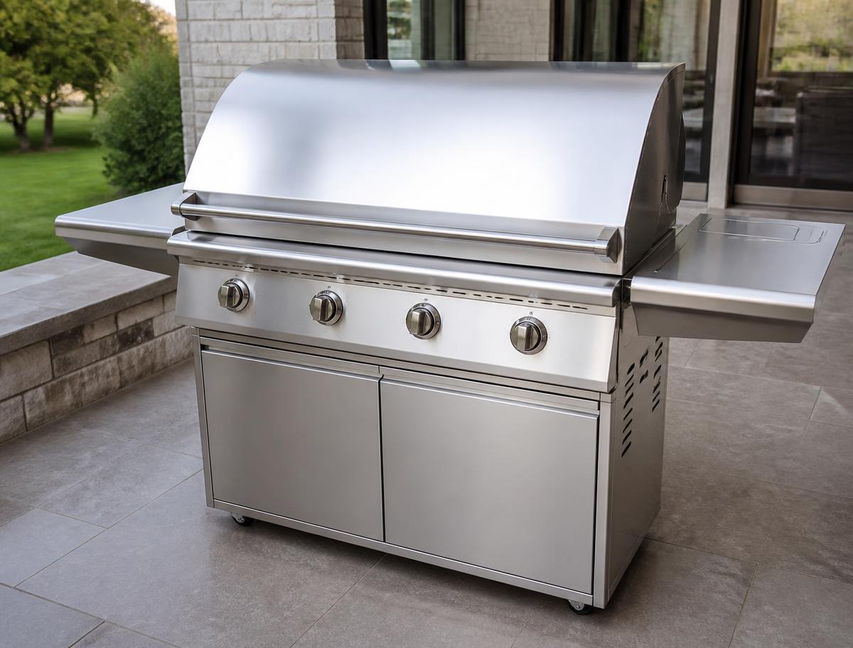 After restoration: polished stainless steel gas grill on a clean patio looking like new