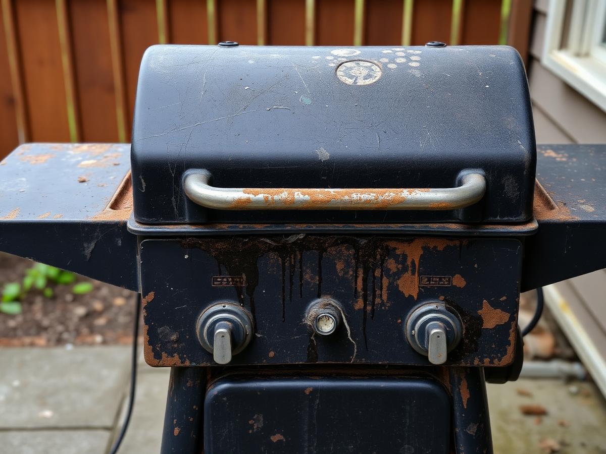 Before cleaning: neglected black gas grill on a patio covered in grease drips, dust and surface rust
