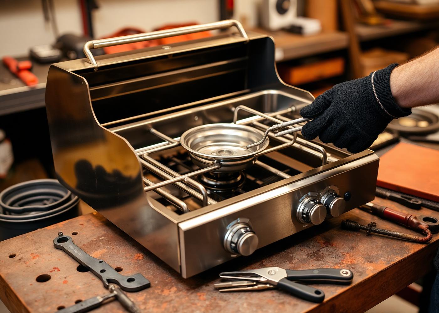 Weber gas grill burner assembly and cookbox laid out on a workbench during a Second Flame Revival in Orange County